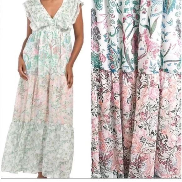 New House of Harlow Patchwork Floral Print V Neck Tiered Maxi Dress🌸 Large NWOT - Picture 13 of 14